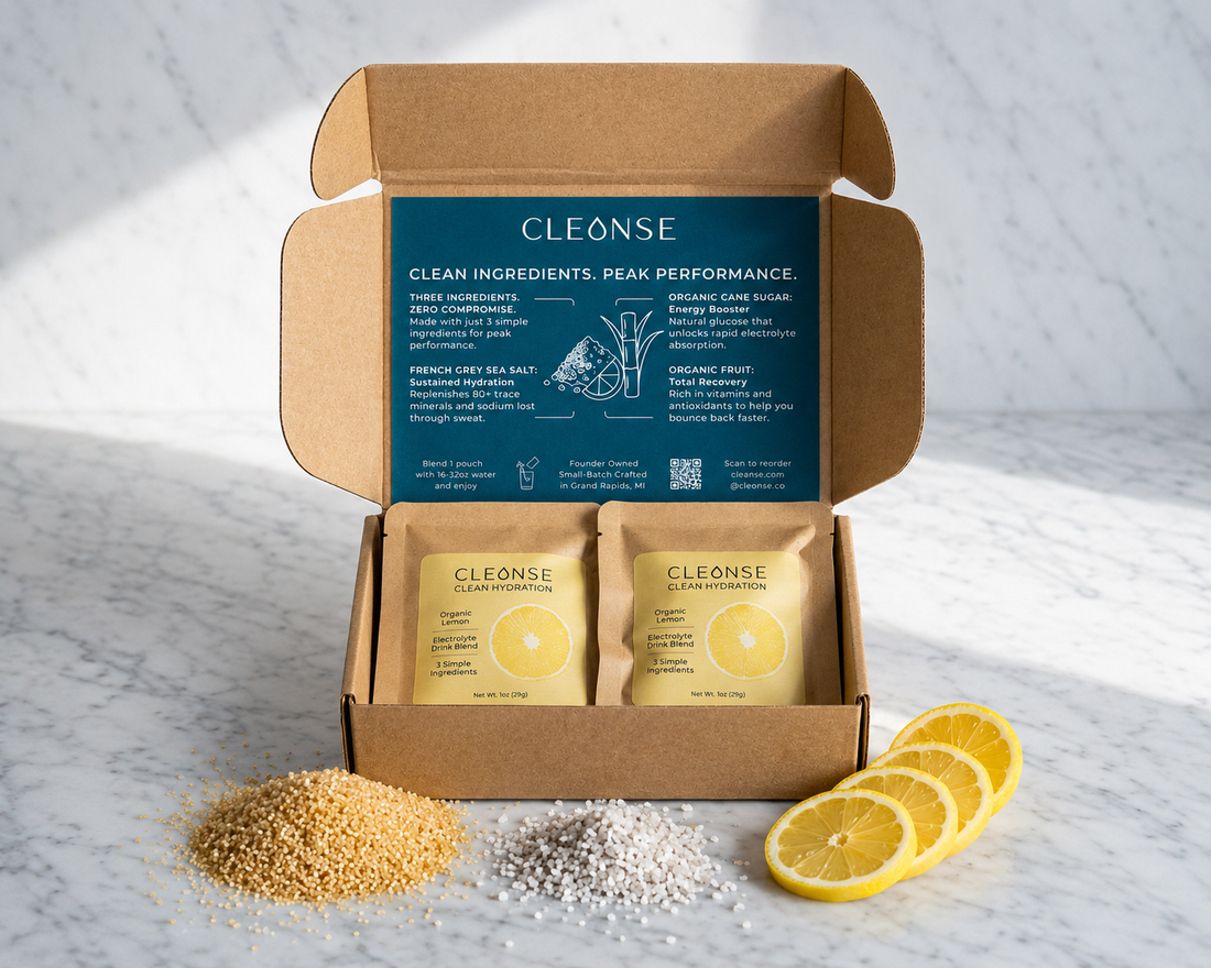 Cleonse electrolyte drink mix powder with 3 simple ingredients: organic lemon, organic cane sugar, and French grey sea salt