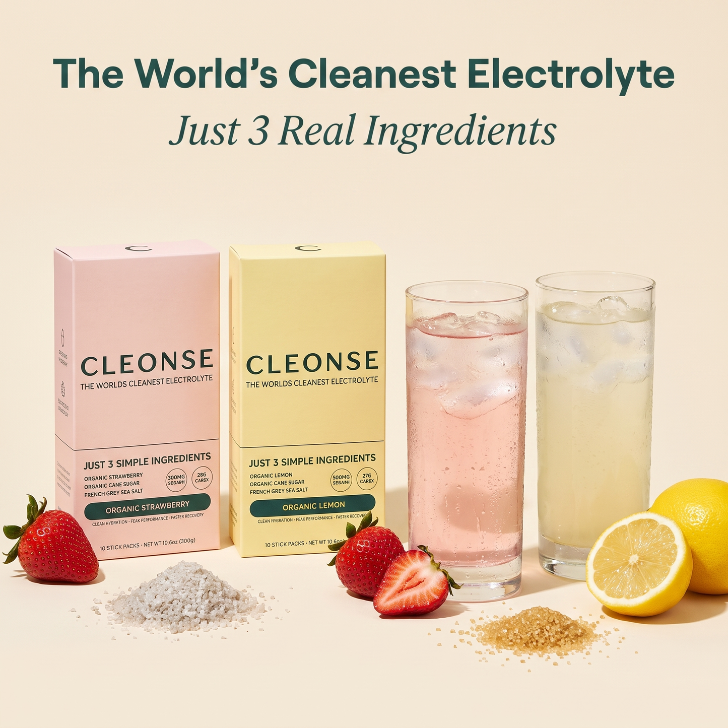 Cleonse organic electrolyte drink mix hero image with stick packet and glass bottle