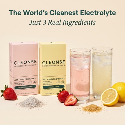 Cleonse organic electrolyte drink mix hero image with stick packet and glass bottle