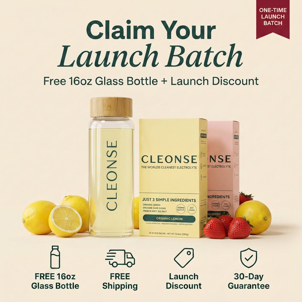 Cleonse clean electrolyte drink mix poured into a glass bottle of water