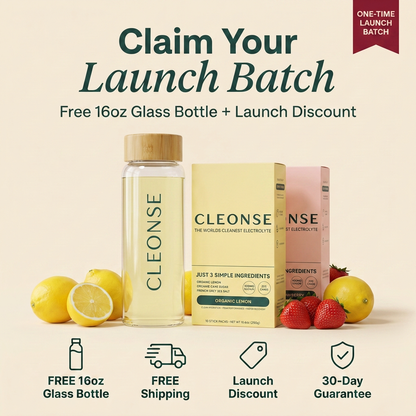 Cleonse clean electrolyte drink mix poured into a glass bottle of water