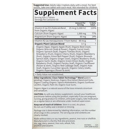 Organic Plant-Based Calcium with Vitamins D3, K2 & Magnesium